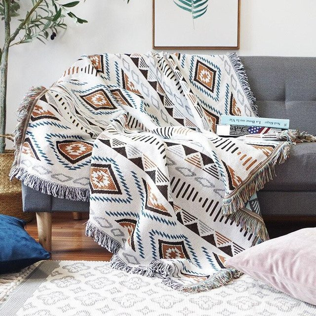 Bohemian gewebte Decke in Weiß mit Quasten als dekorativer Überwurf für Schlafsofa oder Picknick, B/B: 90 x 210 cm - Bild 1