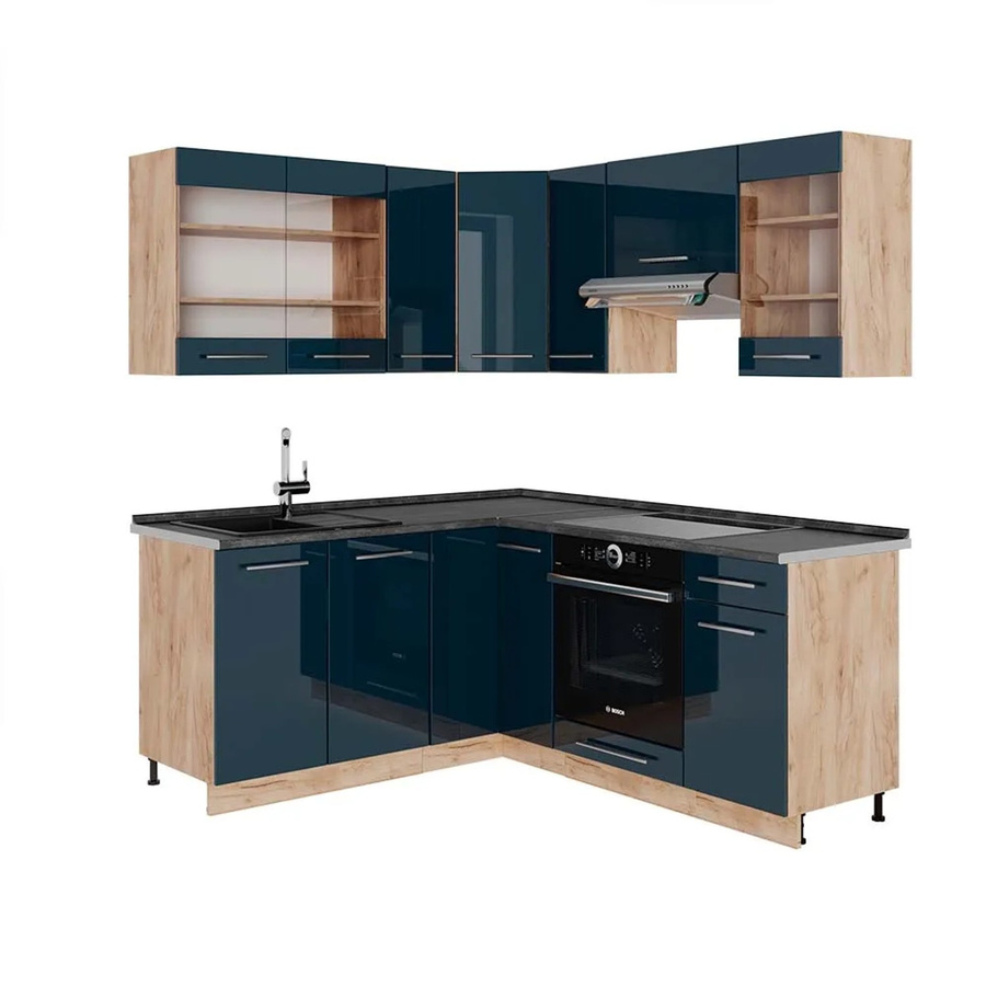 Vicco Eckküche Fame-Line Eiche Dunkelblau Hochglanz mit Arbeitsplatte Anthrazit B/T: 160 x 190 cm - Bild 3