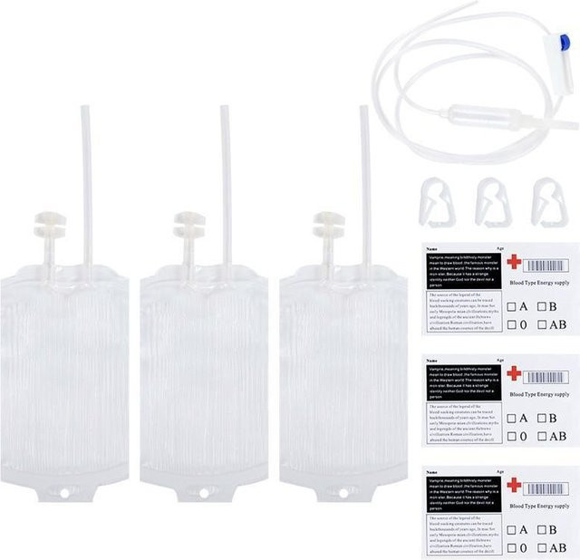 CDN Set 3er Pack Wiederverwendbare Vampir Blutbeutel aus PVC für Halloween Party und Cosplay, 400 ml, Weiß/Transparent - Bild 1