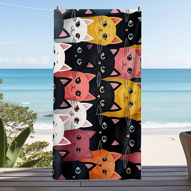 Übergroßes Mikrofaser-Strandtuch mit Katzenmotiv in Weiß und Multicolour, schnelltrocknend und leicht, Breite: 40 cm, Höhe: 60 cm - Bild 1