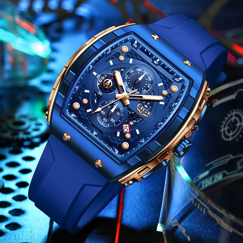 LIGE Chronograph Armbanduhr, Blau, Silikon, Eckig, Quarz, Herren - Bild 2