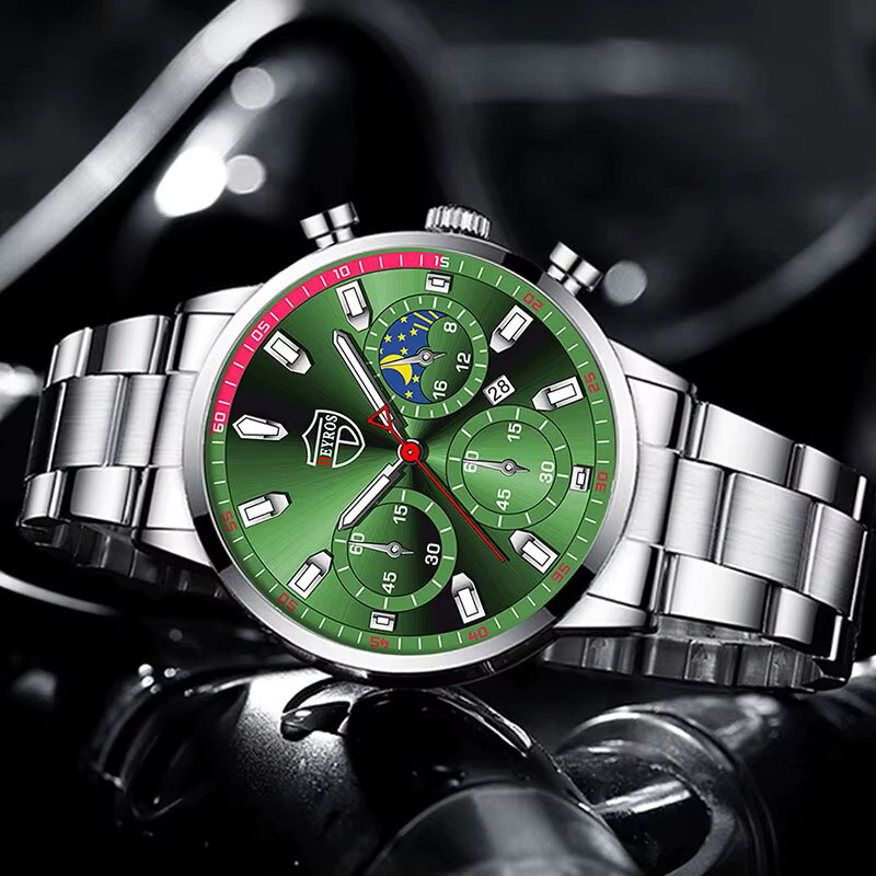 DEYROS Armbanduhr Edelstahl, Quarz, Silber, Grün, Herren - Bild 3
