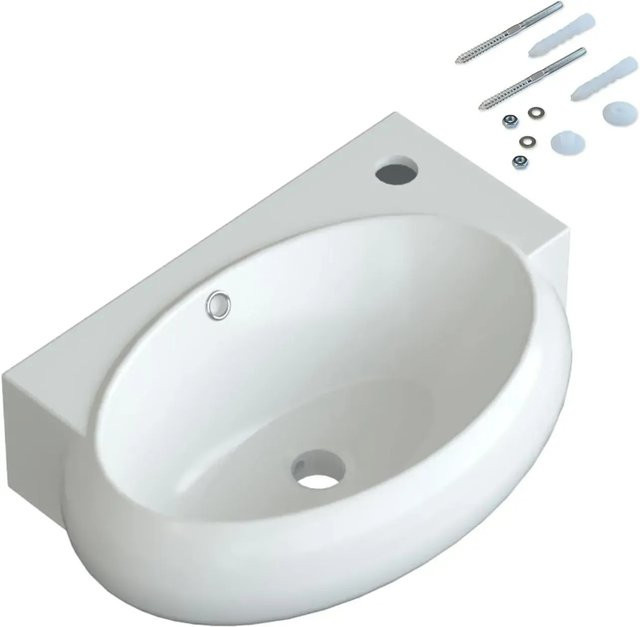 Aquabatos Aufsatzwaschbecken aus Keramik in Weiß mit Überlauf und Wasserhahnloch, Wandmontage, B/T/H: 44 x 29 x 13,5 cm - Bild 1