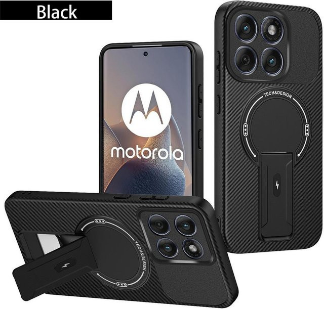 Magnetische Kohlefaser Handyhülle mit unsichtbarem Ständer und Ring für Motorola Moto Edge 60 Fusion, 50 Pro, G85, G75, G55, G54, G35, G24, G04 und G04s in Schwarz - Bild 1