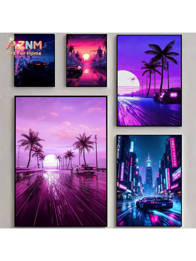 AZNM Synthwave Neon City Leinwand-Wandkunst im Retro-Stil der 80er Jahre mit Sportwagen und Palmen-Druck - Bild 7