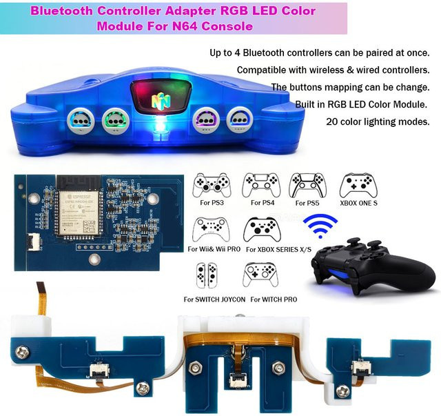 iBlueControlMod Wireless-Controller Interner Adapter für N64-Konsole mit Bluetooth und RGB-LED-Farbmodul in Blau - Bild 1