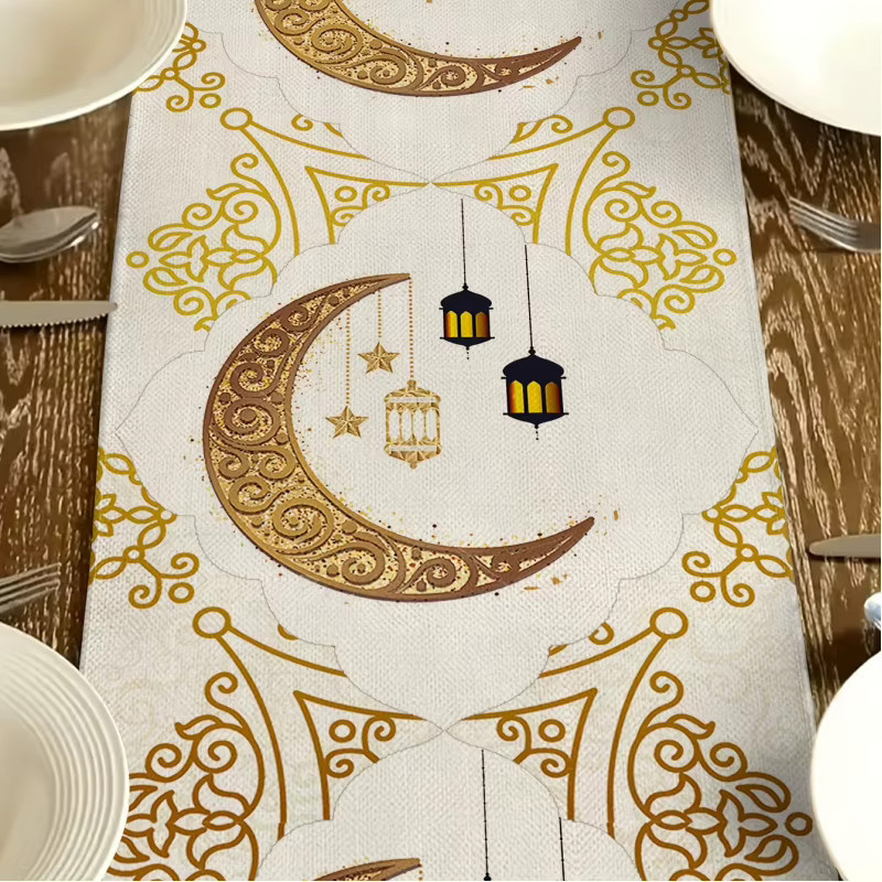 VIKAMA Ramadan Tischläufer mit Stern- und Mond-Heißprägung aus Leinen in Orientalischem Design, Breite: 33 cm, Länge: 90 cm - Bild 2