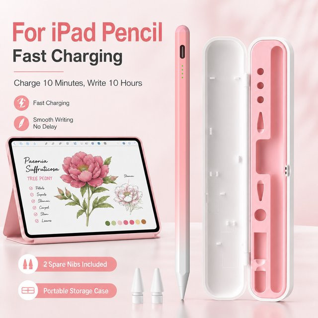 Qukam Stylus-Stift für iPad Pro, Air und Mini in Pink mit Handballenerkennung, Neigungssensor und magnetischer Funktion inklusive Hülle und 2 Ersatzspitzen - Bild 1