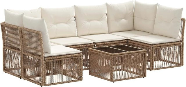 vidaXL Gartensofa-Set 7-teilig in Beige aus Poly-Rattan mit modernem L-Shape Design und Polsterkissen - Bild 1