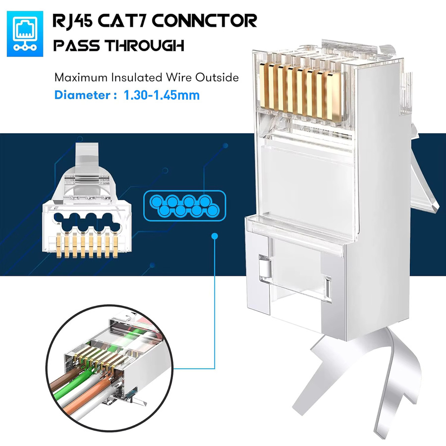 ZoeRax 50er-Pack geschirmte RJ45 Cat7 Cat6A Durchgangsverbinder, 3-polige 8P8C Ethernet-Kabelstecker mit vergoldeten Kontakten - Bild 2