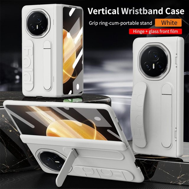 Stoßfeste Silikon-Handyhülle für Honor Magic V3 und Magic Vs3 mit 180 Grad Faltfunktion, integriertem Armband, Ständer und Linsenschutz in Weiß - Bild 1