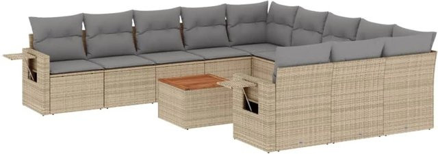 vidaXL 12-tlg. Garten-Sofagarnitur in L-Form aus Poly Rattan und Akazienholz mit Kissen in Beige-Grau - Bild 1