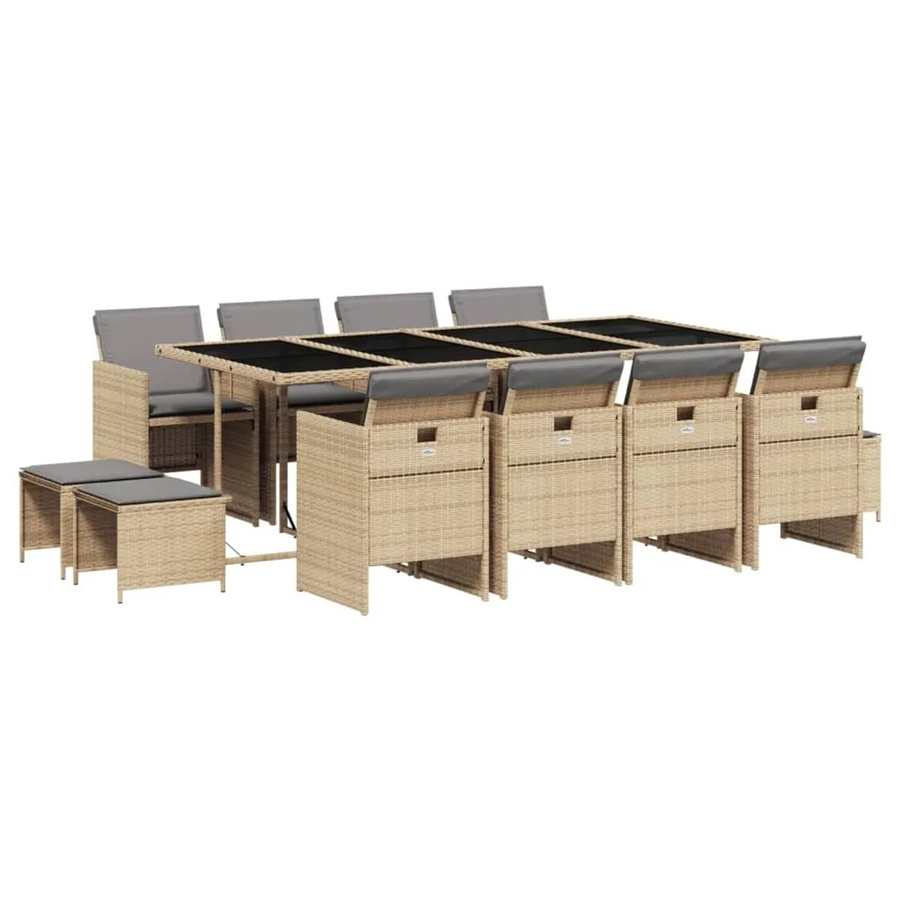 vidaXL 13-teilige Garten-Essgruppe aus Poly Rattan mit Kissen in Beige, Schwarz und Grau mit Hartglas-Tischplatte - Bild 2