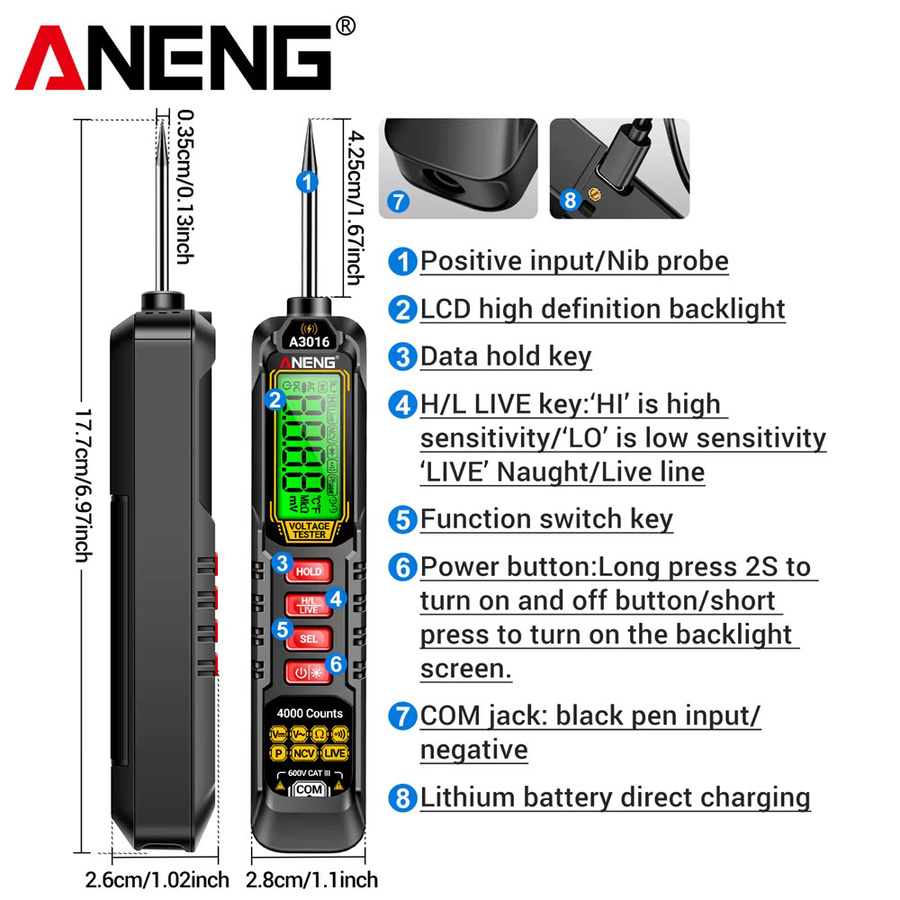 ANENG A3016 Mini Smart Pen Multimeter Digitaler AC/DC Spannungsprüfer mit NCV Induktion und Hintergrundbeleuchtung in Schwarz - Bild 4