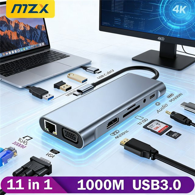 MZX 11-in-1 USB-C Dockingstation mit 4K HDMI, Ethernet/LAN und USB-C Anschlüssen für PC und Laptop - Bild 1