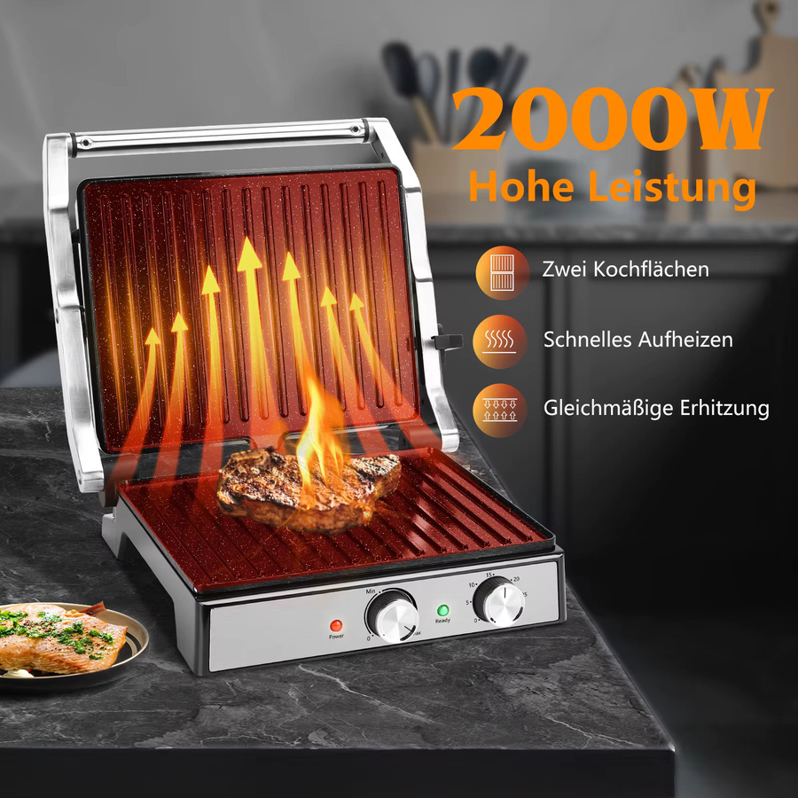 Aigostar Kontaktgrill in Silber mit Keramikbeschichtung, 2000 Watt, Panini Grill und Sandwichmaker mit 30 Minuten Timer, einstellbarem Thermostat und 180 Grad Öffnung - Bild 3