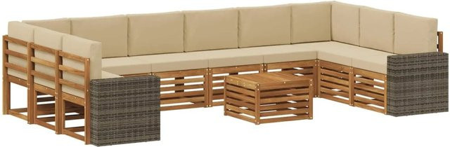 vidaXL Outdoor-Sofagarnitur L-Form aus Akazienholz mit 11 Teilen in Natur und Beige mit abnehmbaren Polstern aus Polyester - Bild 1
