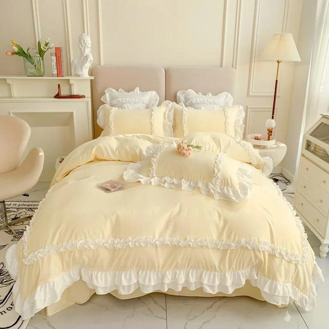 Luxus Bettwäsche-Set aus gewaschener Baumwolle mit Spitzenrüschen und floralem Design, Gelb, B/H: 150 x 200 cm - Bild 1