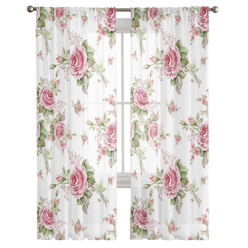 A Family Of Home Textiles Tüll-Vorhang Rosa Rose, transparenter Chiffon-Vorhang mit floralem Design, Breite: 135 cm, Höhe: 244 cm, 2er-Set - Bild 3