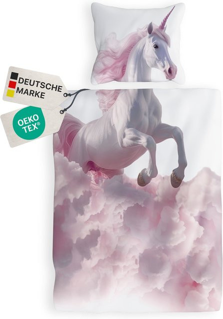 NYVI Renforce Kinderbettwäsche Deluxe aus 100% Baumwolle mit Einhorn-Muster, Farbe: Einhorn, B/H: 135 x 200 cm - Bild 1