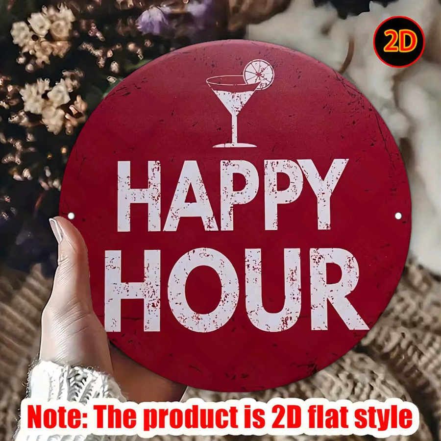 CIFBUY Rundes Aluminiumschild Happy Hour Hahn-Cocktailglas in Rot für die Bar Dekoration, Durchmesser: 20 cm - Bild 3