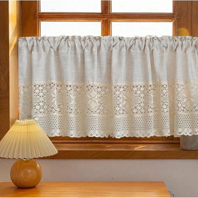 NewWPKIRA Retro Kurzvorhang aus Baumwolle und Leinen mit Spitze und Tüll in Beige - Bild 1