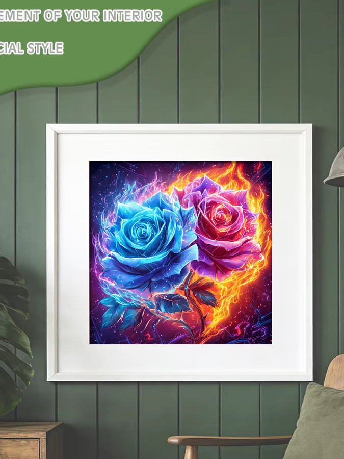 Huacan Diamant-Malerei Eis und Feuer Rose mit floralem Blumenmotiv in Blau, dekoratives Mosaik-Gemälde - Bild 1