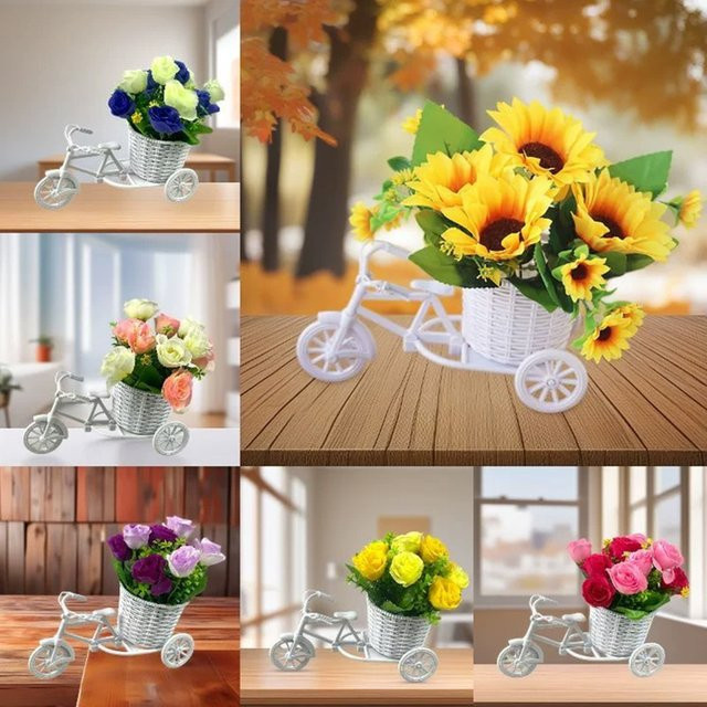 SHNGki Rattan Blumenkorb als Dekoration in Form eines Dreirad-Fahrrad-Modells in Weiß für Hochzeit und Party - Bild 1