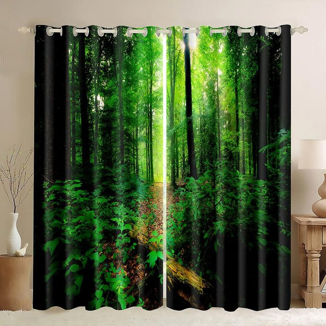 A Family Of Home Textiles 3D-Vorhang mit Walddruck und Naturszene in Grün, semi-transparent, B: 50 cm, H: 130 cm, 2er-Set - Bild 1