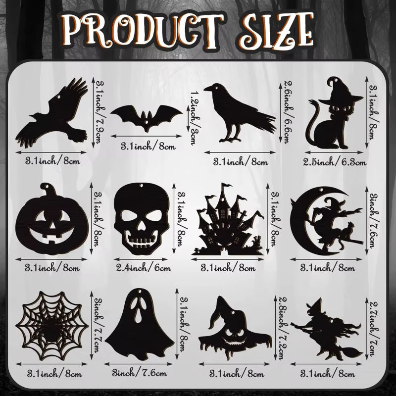 24 Stück Halloween-Hängedekorationen aus Holz in Schwarz mit Kürbis, Geist, Hexenhut, Spinne und Fledermaus als Seilgirlande für deine Party-Dekoration - Bild 2