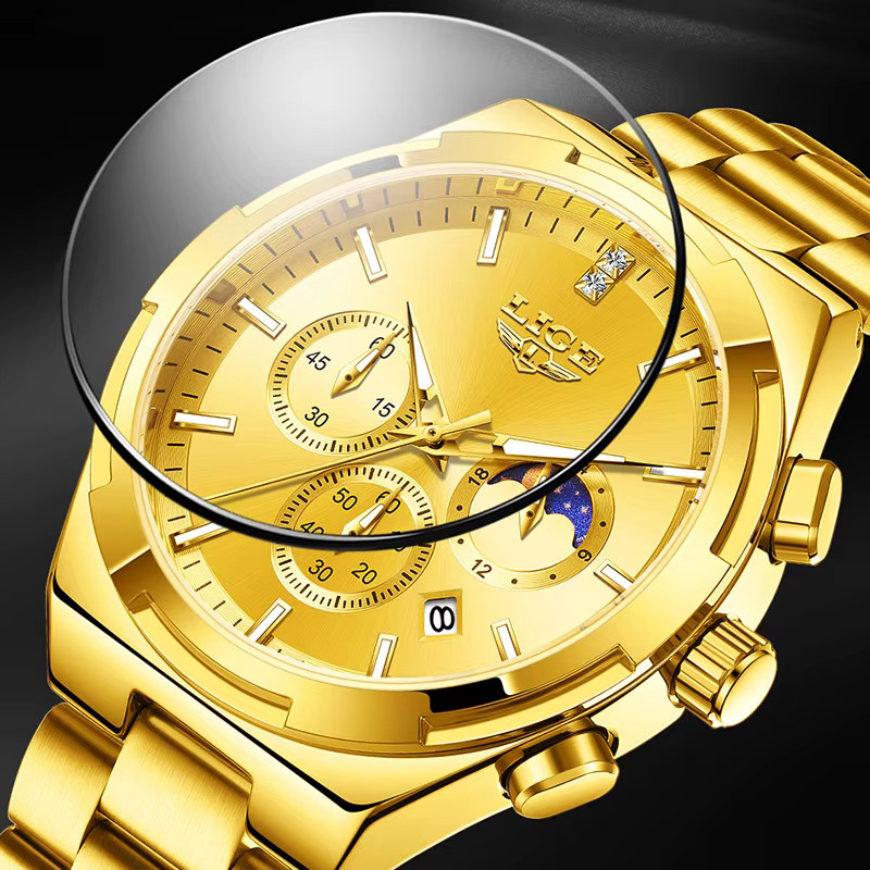 LIGE Armbanduhr Quarz, Edelstahl, Gold, Datum, Mondphase, Herren - Bild 3