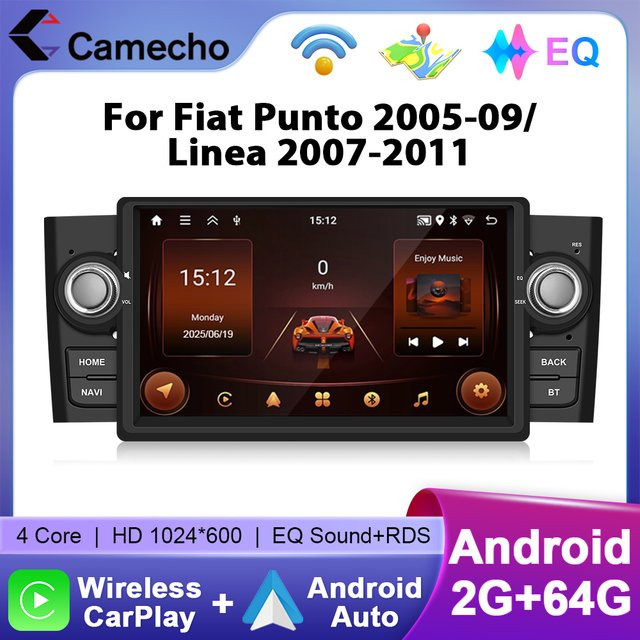 Camecho 2DIN Autoradio mit GPS, Bluetooth und Wi-Fi für Fiat Punto 05-09 und Linea 07-11, Android Auto und kabelloses CarPlay, Schwarz - Bild 1