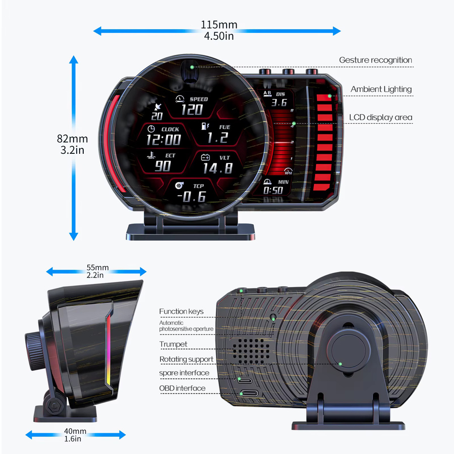 MAIMEIMI OBD+GPS Dual-Mode Auto Head-Up Display HUD mit Gestensteuerung und Navigation in Schwarz - Bild 4