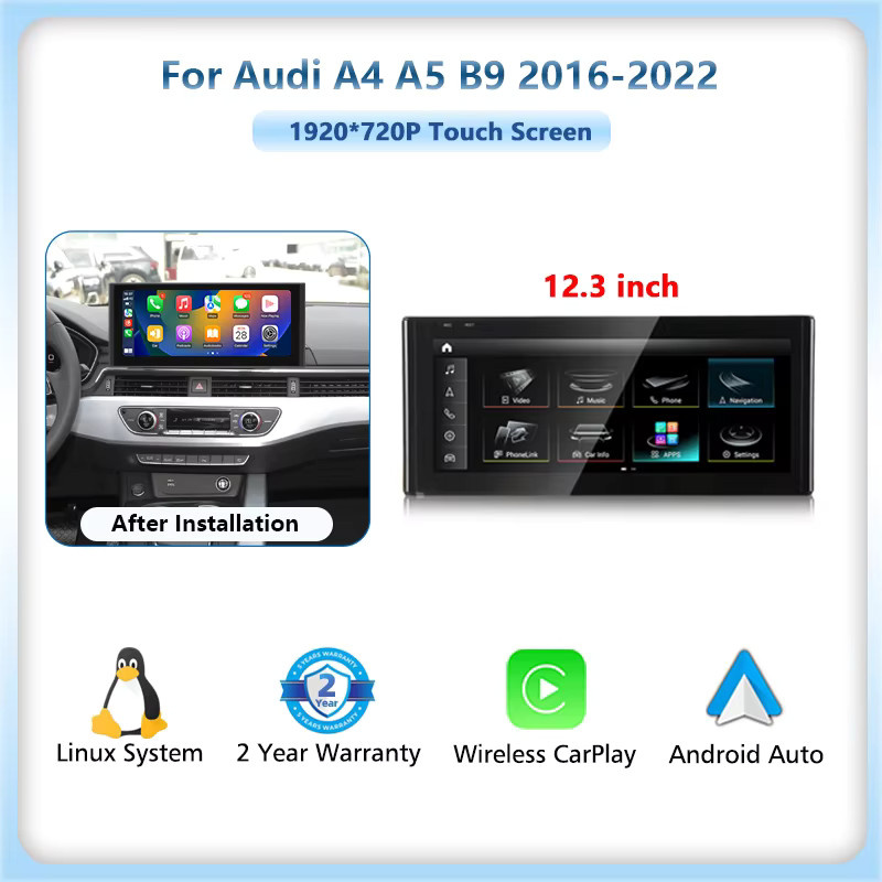 Nunoo Linux Wireless CarPlay und Android Auto Multimedia Autoradio mit GPS und Wi-Fi für Audi A4 A5 B9 2016-2022, 12,3 Zoll, Schwarz - Bild 6