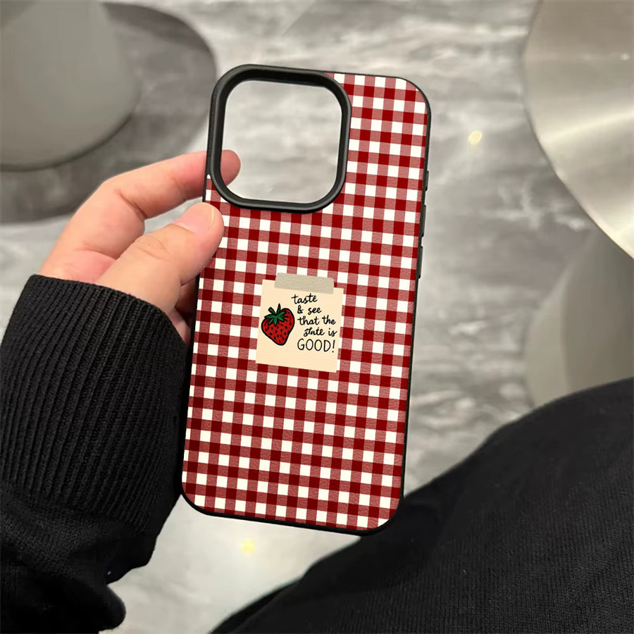 Stoßfeste Handyhülle mit kariertem Kirschmädchen-Design für Apple iPhone 11 12 13 14 15 16 17 Pro Max XS X XR Plus in Rot - Bild 1