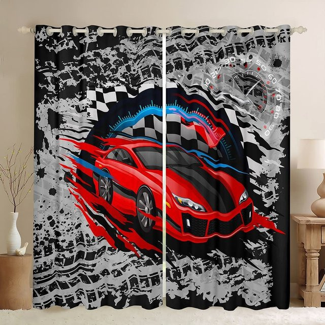 Yiran Furniture Cartoon Sportwagen Fenstervorhänge für Kinder Schlafzimmer, 2er Set, Mehrfarbig, Polyester, semi-transparent, B: 100 cm, H: 130 cm - Bild 1
