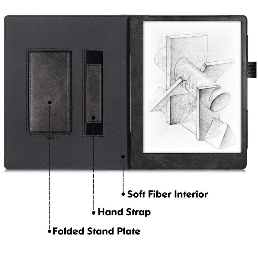 Bozhuorui Tablet Hülle für 10,3 Zoll in Schwarz mit integriertem Ständer, Handschlaufe und Stifthalter aus veganem PU-Leder - Bild 5