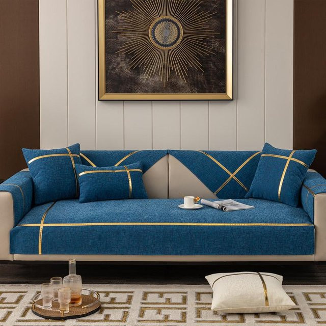 Four Seasons Universeller geprägter Chenille-Sofabezug in Dunkelblau, modernes und schlichtes Anti-Rutsch-Sofatuch für dein Wohnzimmer, Breite: 70 cm, Tiefe: 70 cm - Bild 1