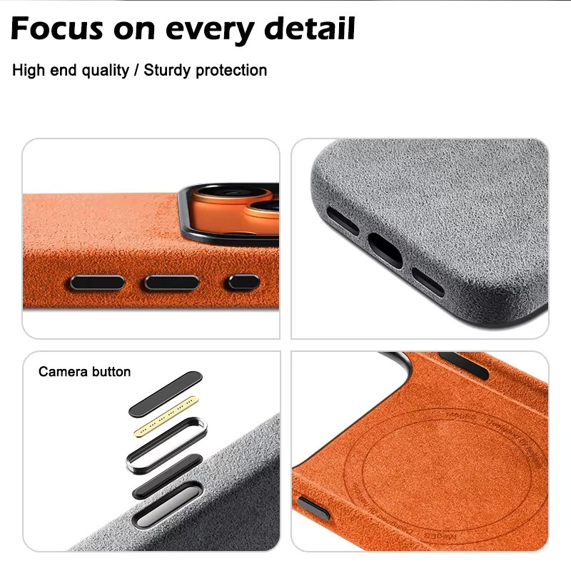 KOOYUTA Alcantara Magnet-Hülle für iPhone 17 Pro Max mit MagSafe und Smart Button Schutzhülle in Grau und Orange - Bild 4