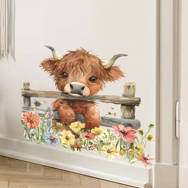 BRUP Selbstklebender PVC Wandaufkleber mit niedlichem Blumen- und Kuh-Motiv für Kinderzimmer und Dekoration - Bild 1