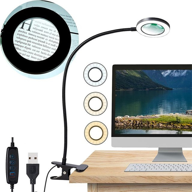 DUNDUN LED Vergrößerungsglas mit 3 Farbmodi und flexibler Schwanenhals-Lupe, Schwarz, Schreibtischlampe mit Metallklemme für Nagelkunst und zum Lesen - Bild 1