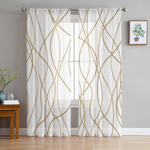 Moderne transparente Vorhänge mit braunem grafischem Linienmuster aus Polyester, B: 135 cm, H: 160 cm - Bild 1