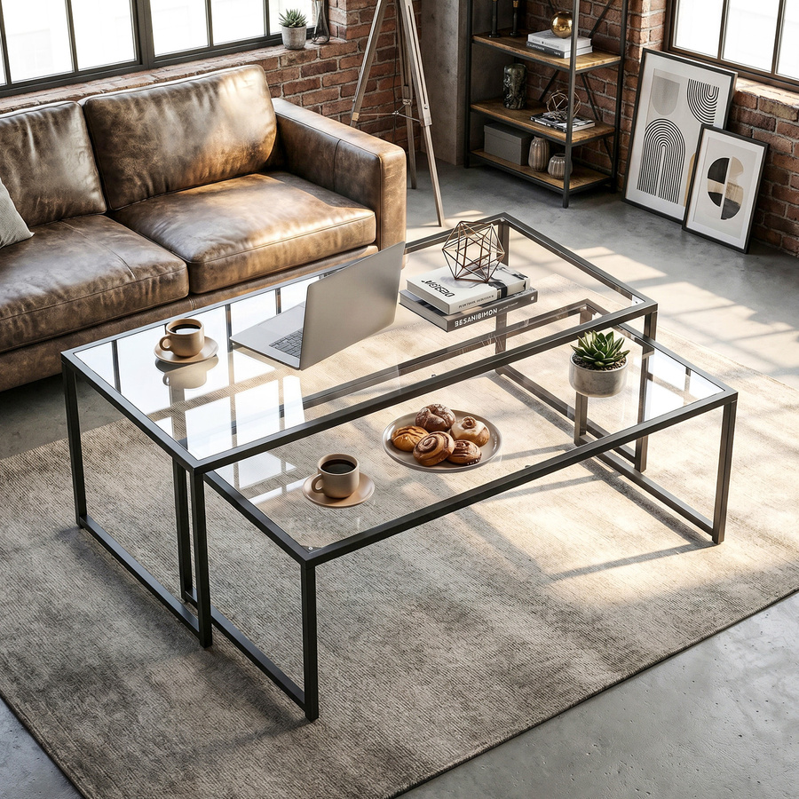 HOMCOM Couchtisch 2er-Set aus Stahl und Glas in Schwarz und Transparent für Wohnzimmer und Schlafzimmer - Bild 2