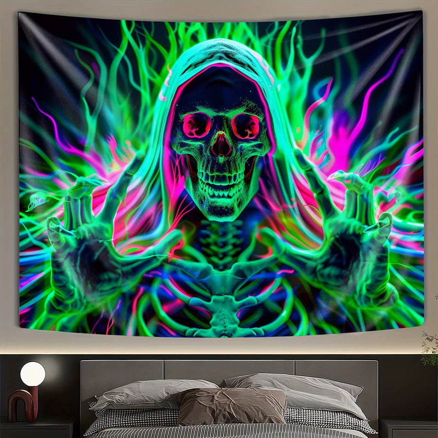 VIKAMA Halloween Dark Night Skelett-Wandteppich mit Neon-Blitzmuster in Multicolour, Gothic-Dekoration für Electro Partys, B/H: 40 x 40 cm - Bild 2