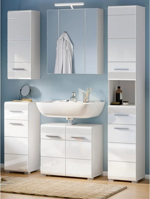 Inn.Furn Badmöbel-Set Leon in Weiß Hochglanz, 5-teilig mit Spiegelschrank, Hochschrank, Kommode, Waschbeckenunterschrank und Hängeschrank, Breite: 150 cm - Bild 1