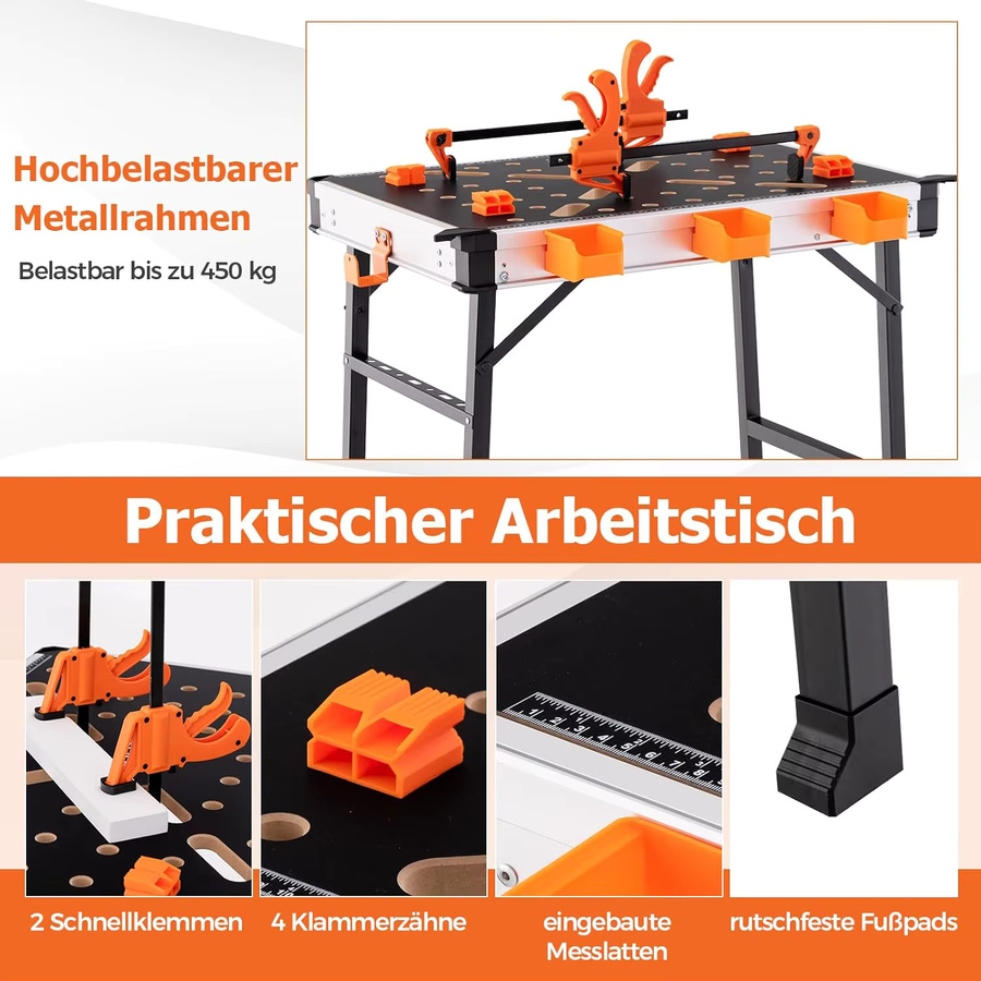 GOFLAME Klappbarer Arbeitstisch als Werkbank mit Metallrahmen, 2 Schnellklemmen, 4 Klemmhaken und 3 Werkzeugkästen - Bild 2