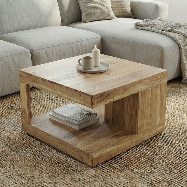 Finebuy Couchtisch aus Akazie Massivholz in Braun, moderner quadratischer Wohnzimmertisch mit geometrischem Design, Breite: 60 cm - Bild 1