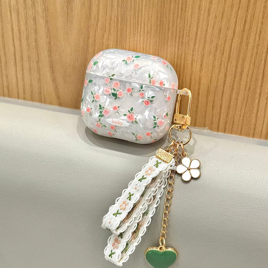 Rosa Rosen-Blumenmuster Kopfhörer-Schutzhülle mit Spitzenherz-Anhänger für Apple AirPods 1, 2, 3, 4 und Pro 2 in Pink und Multicolour - Bild 2