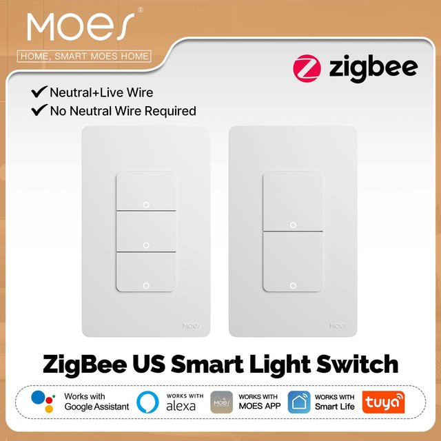 MOES ZigBee Tuya Smart Wandlichtschalter mit Drucktastentyp in Weiß, kompatibel mit Alexa und Google Home, für Optionen mit oder ohne Neutralleiter - Bild 1