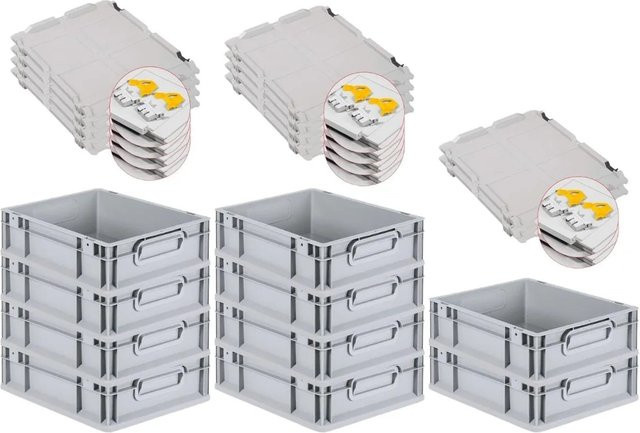 PROREGAL SuperSparSet 10x Eurobox NextGen Grip mit Scharnierdeckel und gelben Schiebeschnappverschlüssen, Grau, H x B x T: 12 x 30 x 40 cm, verstärkte Wände - Bild 1